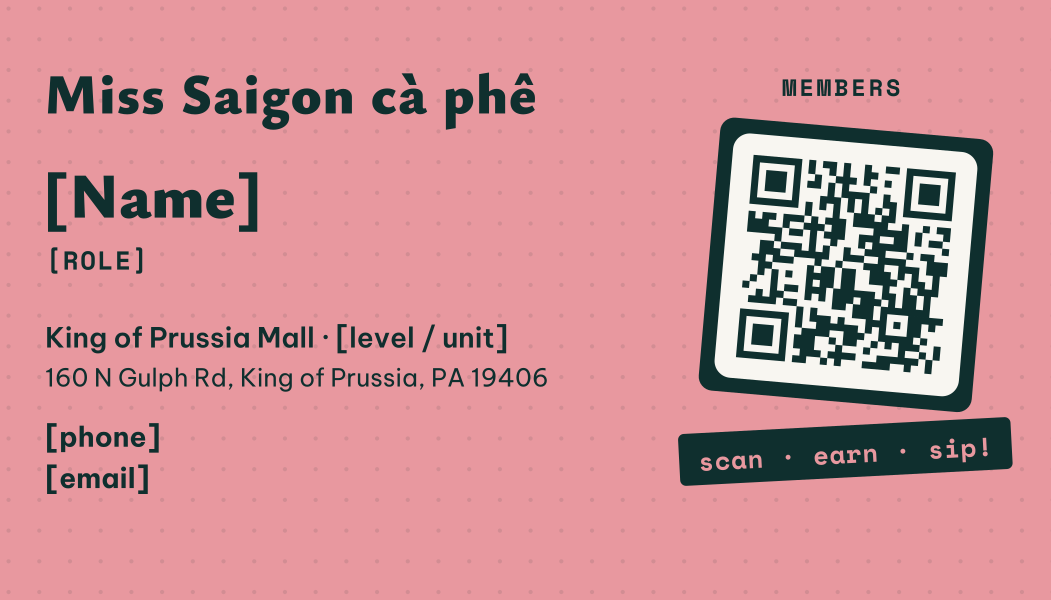 Card A back: pink card with name, King of Prussia Mall details and a membership QR sticker