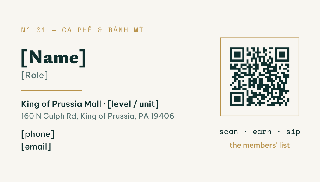 Card B back: cream editorial layout with contact details and a brass-framed QR