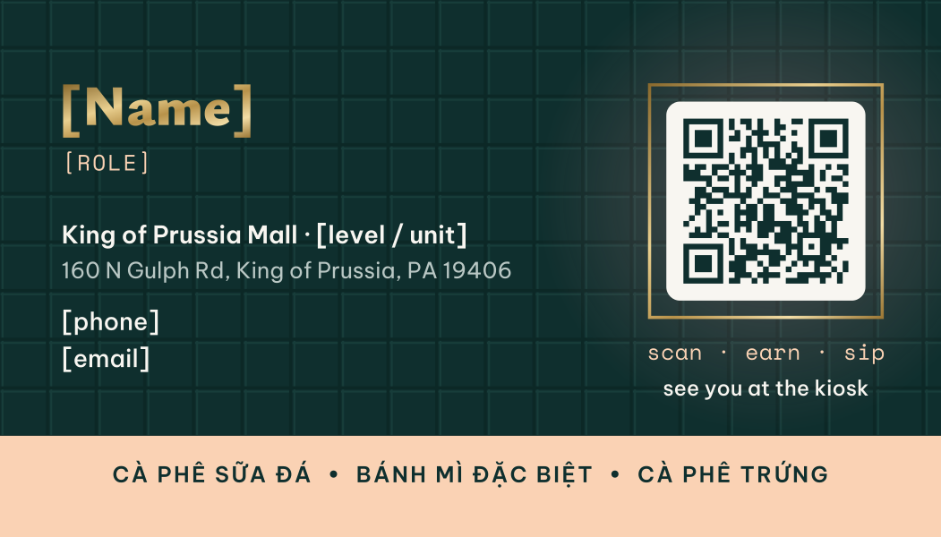 Card C back: tiled green back with brass name, details, QR and a peach menu strip