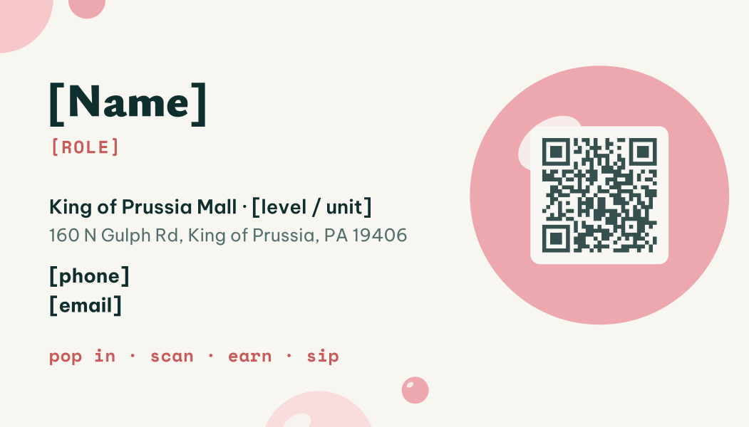 Card D back: cream card with contact details and the QR inside a big pink bubble