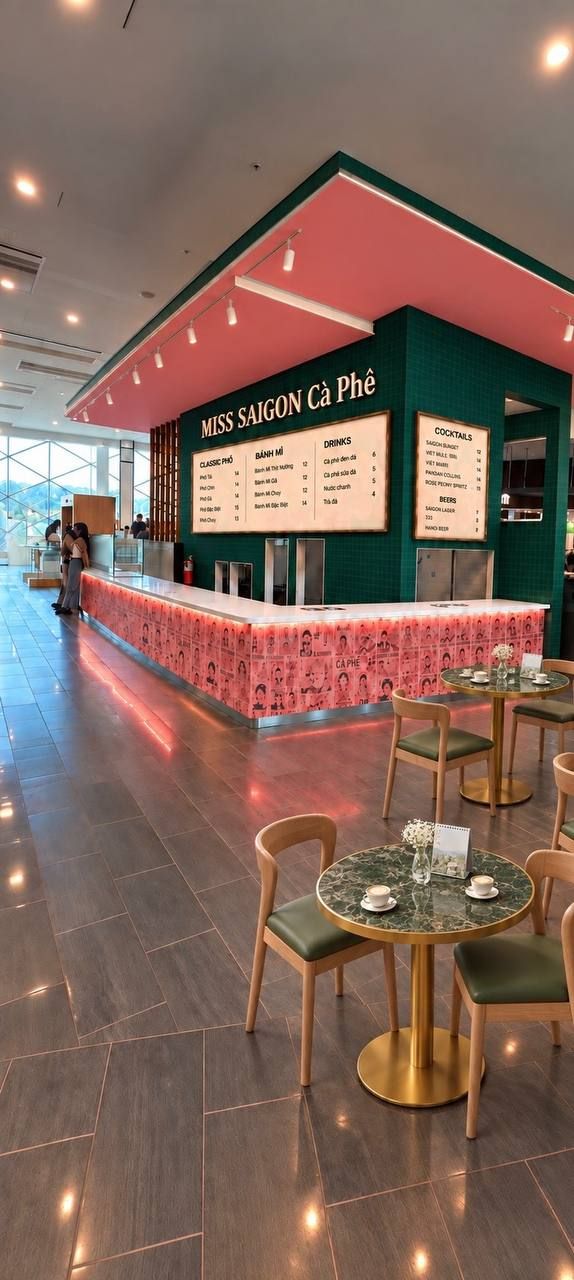 AI concept render of a green and pink Vietnamese café interior