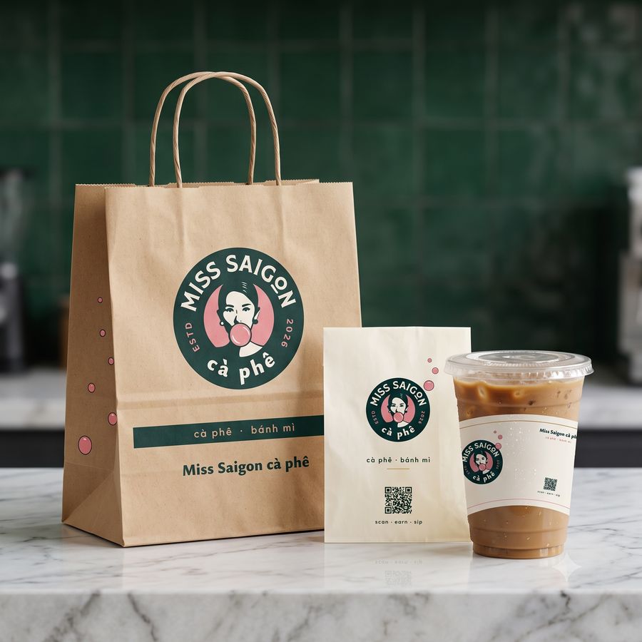 Kraft bag, pastry bag and iced coffee cup with the Miss Saigon cà phê badge