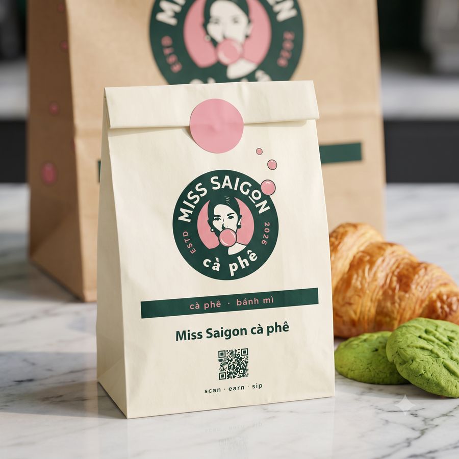 Photoreal mock-up: cream pastry bag with croissant