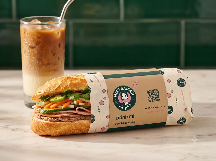 Photoreal mock-up: bánh mì in its printed sleeve beside an iced coffee