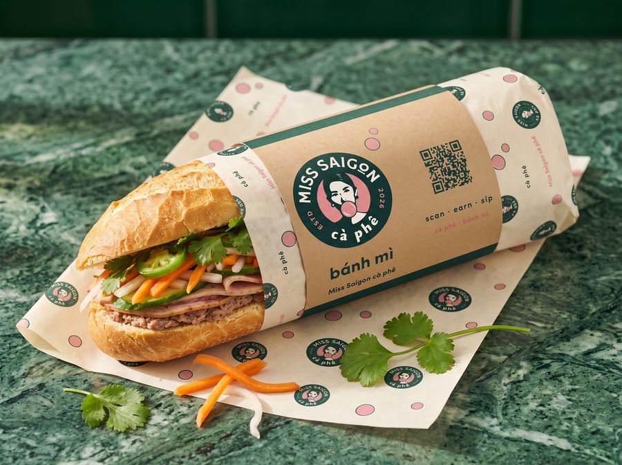 Photoreal mock-up: bánh mì on its printed wrap sheet